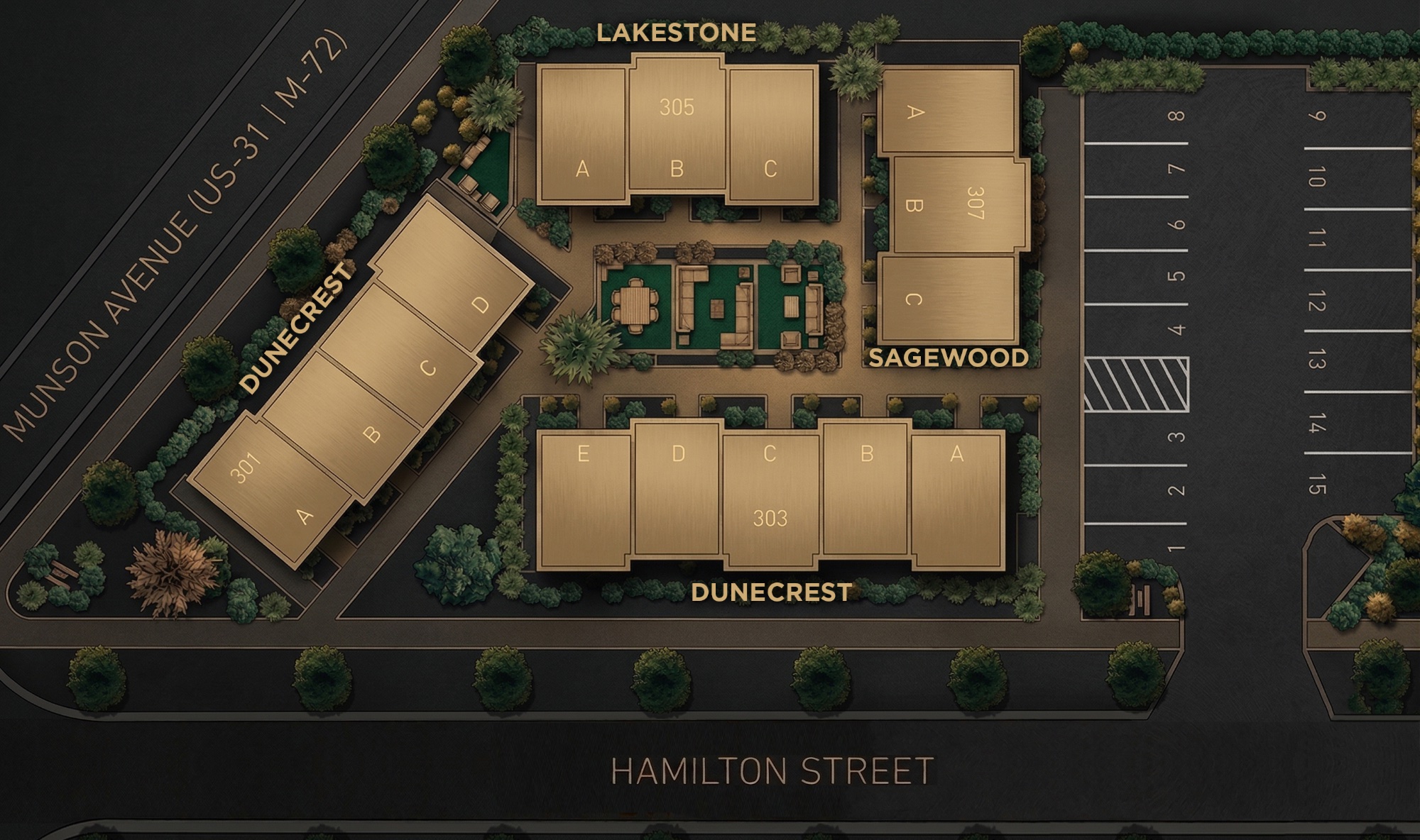 Hamilton Place site plan — Buildings 301, 303, 305, and 307
